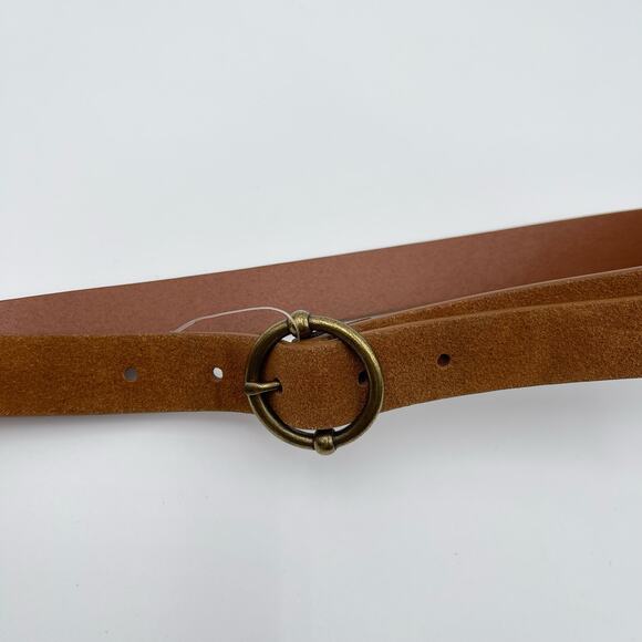 Linea Pelle | NEW Cognac Brown Skinny Suede Belt Round Circle Brass Buckle - Picture 13 of 14